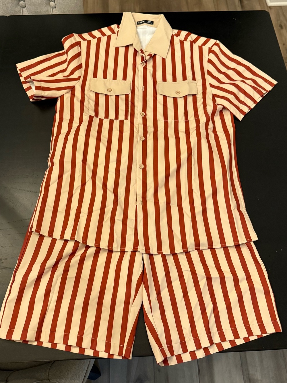 Red & Cream Vertical-Stripe Short Set